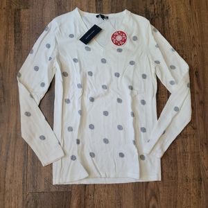 NWT Tommy Hilfiger Women's White and Silver Polka Dot V neck Sweater